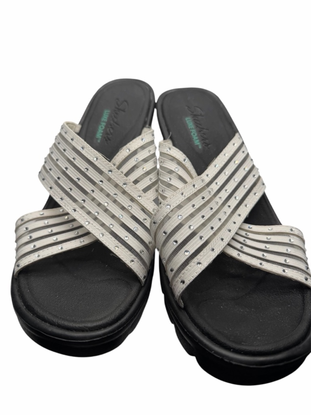 Skechers White Sparkle Luxe Foam Size 8.5 Wedge Sandals - Picture 3 of 6